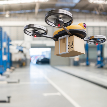 Spare part delivery drone at garage storage in leading automotive car service center for delivering mechanical shipping component part assembling to customer. Modern innovative technology and gadget